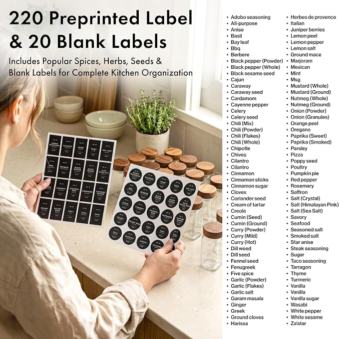 EDELHAUS® Square Spice Jars with Acacia Wooden Lid (Pack of 24) Spice Jars with Shaker Insert and 240 Labels - Acacia Lids Glass Container for Spice Organisation [4.3 in × 1.8 in]