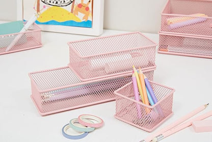Annova Mesh Stackable Drawer Cabinet and Shelf Organizer Bins Storage Basket School Office Supply Holder Tray- Set of 2 (Light Pink, 3x9x2 Inch)