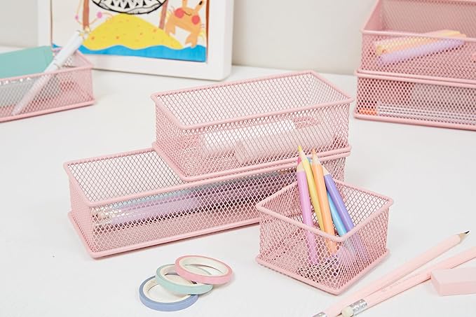 Annova Mesh Stackable Drawer Cabinet and Shelf Organizer Bins Storage Basket School Office Supply Holder Tray- Set of 2 (Light Pink, 3x12x2 Inch)
