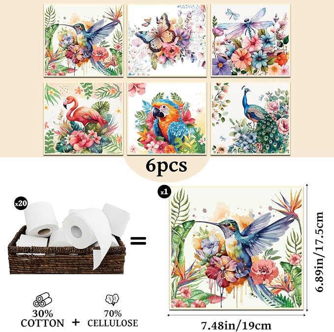 Reusable Swedish Dishcloths for Kitchen, 6 Pack Birds Flowers Butterfly Absorbent Swedish Dish Cloths, Reusable Paper Towels Washable for Kitchen Countertop Sink Fast Drying Degradable Dishes Cloths