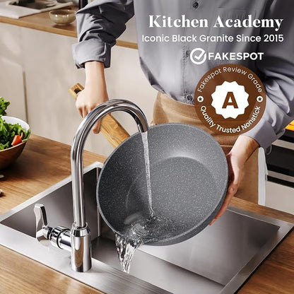 Kitchen Academy Granite Pots and Pans Set Non Stick - 17 Piece Nonstick Cookware Set, Induction Gray Cooking Pans Set, PFOA & PFOS Free.
