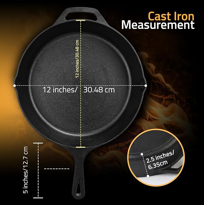 Utopia Kitchen Premium Cast Iron Skillets 12 Inch, Chef's Pan, PFAS-Free, Pre-Seasoned Frying Pan, Stovetop, Oven, Campfire and Grill Large Skillet, Even Heat Distribution Cast Iron Pan - Black