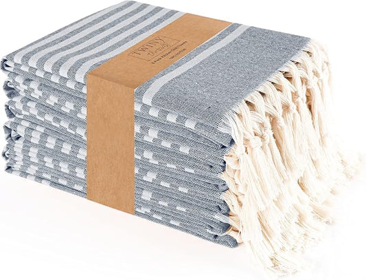 TWINY threads Set of 6 100% Cotton Turkish Kitchen Towels with Hanging Loop & Tassels (18" X 28") | Ultra Washcloth with Fringes | Reusable Hand Towels - Navy Blue