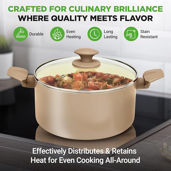 NutriChef 75-Piece Non-Stick Pots and Pans Set, Complete Ceramic Cookware Set with Bakeware, Utensils, Knife Set, & Accessories, Stain-Resistant, Food-Grade Safe, Cream/Brown