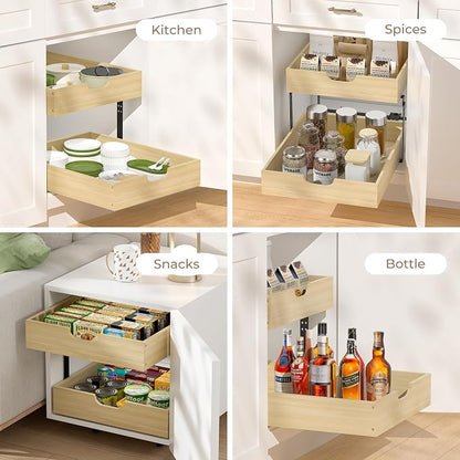 COOLBEBE 2 Tier Pull Out Drawers for Cabinets, 17"W x 21"D Double Tier Slide Out Wood Drawer Shelf Organizer, Soft Close Heavy-Duty Cabinet Pull Out Shelves for Kitchen Pantry Bathroom Storage