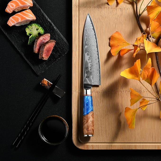 ATUMURYOU Japanese Chef Knife, 8 Inch Damascus Kitchen Knife with VG10 Steel, Ultra Sharp Professional Cooking Knives with Resin Wood Handle, Perfect Father Day Gifts