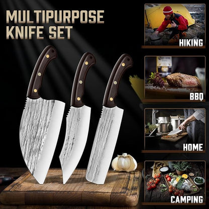 TIJERAS Butcher Knife Set, 3PCS Hand Forged Chef Knife Set, Serbian Chef Knife & Meat Cleaver Knife & Nakiri Knife, BBQ Knife Set for Meat Cutting, Japanese Men Camping Knife Set for Cooking
