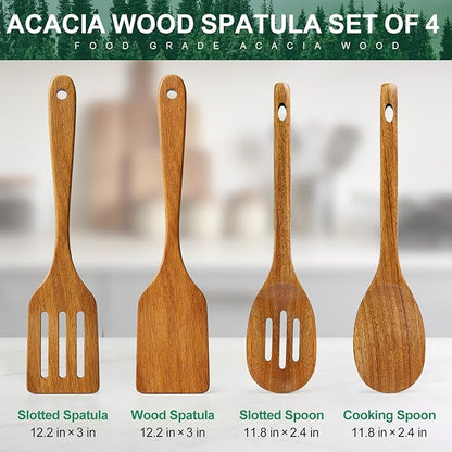 Acacia Wooden Cooking Utensils Kitchen Spatula Wood Slotted Spoons for Cooking Turner Non Toxic Serving Utensils Set Large Stirring Mixing Spoon Kitchen Tool Gadgets Wood Spatula for Cooking Spoons