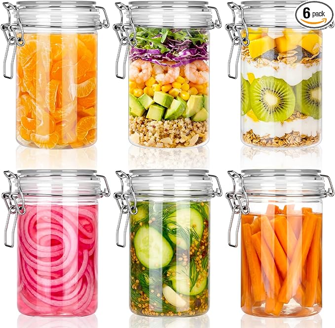 Suclain 6 Pcs 25 Oz/750 ml Plastic Storage Jars with Airtight Hinged Lids, Clear Wide Round Mouth Food Storage Containers Empty Bottles Sealed Jars for Home Kitchen Candy Herbs Spices Coffee Nuts