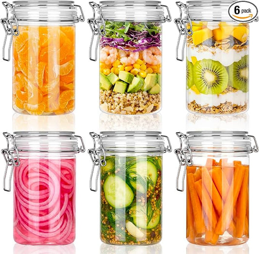 Suclain 6 Pcs 25 Oz/750 ml Plastic Storage Jars with Airtight Hinged Lids, Clear Wide Round Mouth Food Storage Containers Empty Bottles Sealed Jars for Home Kitchen Candy Herbs Spices Coffee Nuts