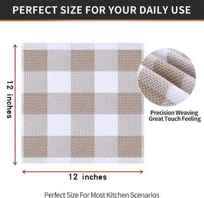 Homaxy 100% Cotton Waffle Weave Check Plaid Dish Cloths, 12 x 12 Inches, Super Soft and Absorbent Dish Towels Quick Drying Dish Rags, 8-Pack, White & Khaki