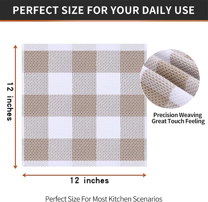 Homaxy 100% Cotton Waffle Weave Check Plaid Dish Cloths, 12 x 12 Inches, Super Soft and Absorbent Dish Towels Quick Drying Dish Rags, 6-Pack, White & Khaki