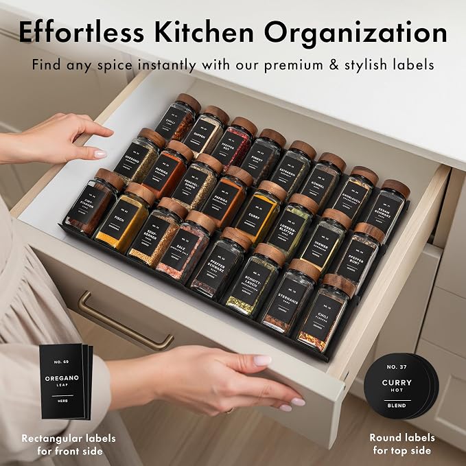 EDELHAUS Square Spice Jars with Acacia Wooden Lid (Pack of 36) Spice Jars with Shaker Insert and 240 White Labels - Acacia Lid Glass Container for Spice Organisation [4.3 in × 1.8 in]