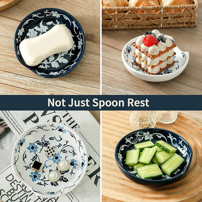 Spoon Rest Ceramic, 4.8 Inch Spoon Holder and Utensil rest for Stovetop, Vintage Spoon Rest Set of 4 for Spatula, Ladle, Kitchen Gadget Cooking Gift, Blue and White Floral Pattern, Kitchen Decor