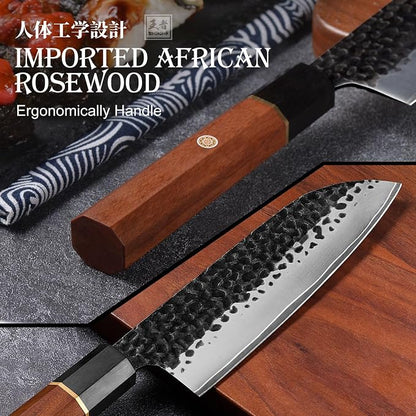 ENOKING Japanese Santoku Knife 7 Inch, High Carbon Steel Hand Forged Japanese Knife, 5 Layers 9CR18MOV Kitchen Chef Knife, Chopping Knife with Octagonal Rosewood Handle