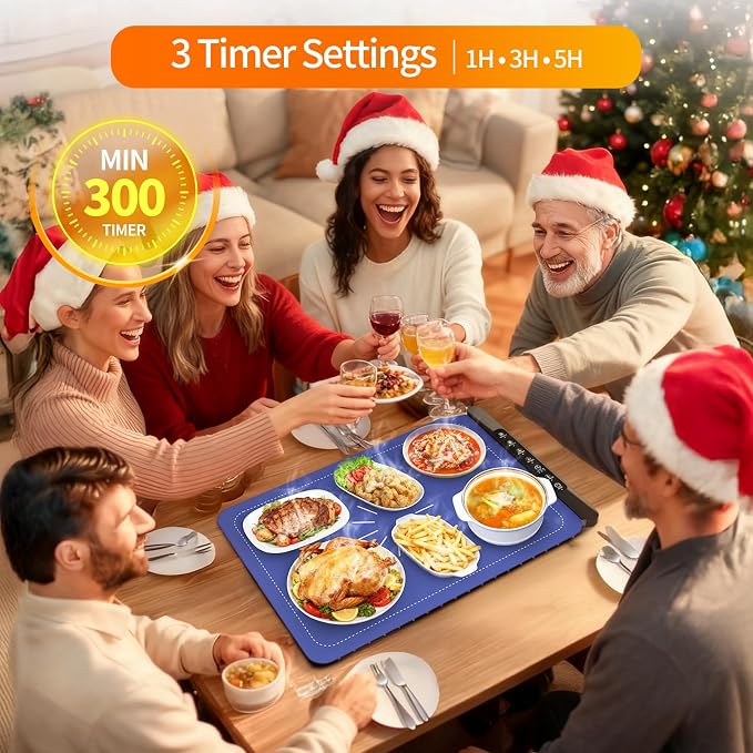 Warming Mat for Food, Silicone Electric Warming Tray with 4 Adjustable Temps & Timer, Food Warming Mat for Countertop, Foldable Portable Food Warmer Mat for Buffets, Parties, Kitchen, Family