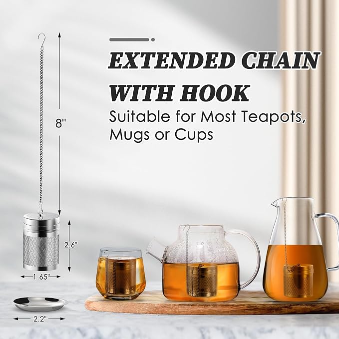 Yoassi Tea Infusers for Loose Tea, 2 Pack Extra Fine Mesh Tea Strainers, 18/8 Stainless Steel Loose Leaf Tea Steeper Tea Diffusers with Extended Chain Hook and Drip Tray