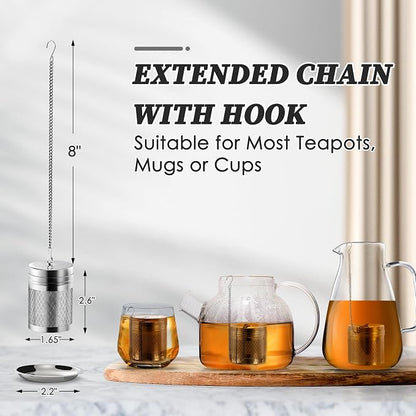 Yoassi Tea Infusers for Loose Tea, 2 Pack Extra Fine Mesh Tea Strainers, 18/8 Stainless Steel Loose Leaf Tea Steeper Tea Diffusers with Extended Chain Hook and Drip Tray
