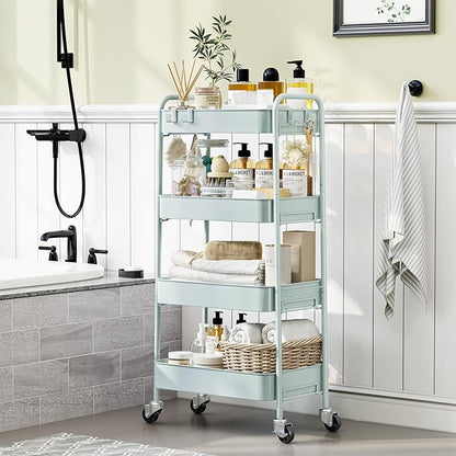 TOOLF 4-Tier Rolling Cart - Metal Storage Organizer with Lockable Wheels, 44 lbs Per Shelf Capacity, Tool-Free Assembly, for Kitchen Bathroom Office Laundry Room Nursery, Green