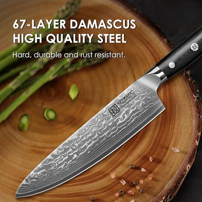 KEEMAKE Damascus Kitchen Knife Set, 3 PCS Japanese Knife Sets with Full Tang Ergonomic Handle, 67 Layers Damascus Chef Knives, Gift Box for Men Husband