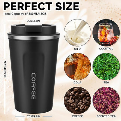 MOMSIV 12oz Travel Mug, Insulated Coffee Cup with Leakproof Lid, Vacuum Stainless Steel Double Walled Reusable Tumbler for Hot and Cold Water Coffee and Tea In Travel and Car Black