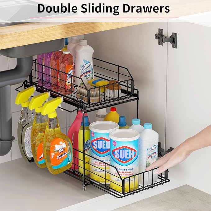 SUEH DESIGN Under Sink Organizers and Storage, 2 Pack | 2 Tier Metal, Hanging Rail, Kitchen Bathroom Cabinet Organizer