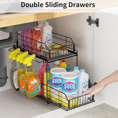 SUEH DESIGN Under Sink Organizers and Storage, 2 Pack | 2 Tier Metal, Hanging Rail, Kitchen Bathroom Cabinet Organizer