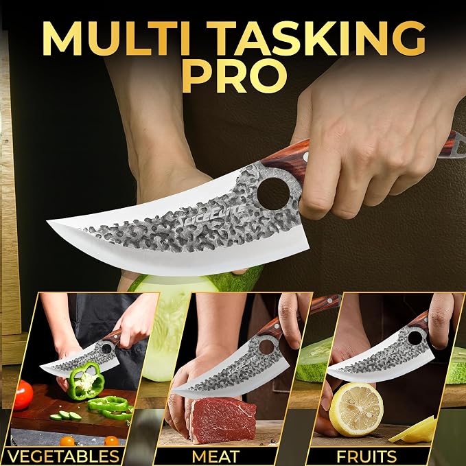 SliceElite Heritage Forge Series Father’s Day Gift for Dad Viking Knife Meat Cutting Kitchen Knife Boning Slicing BBQ Knife Kitchen Knife Full Tang Sandalwood Handle Hammered Pattern Forged Steel