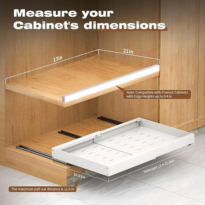 1 Pack Pull Out Cabinet Organizer Expandable,Adjustable 12-21 Inch Width Slide Out Drawer Shelves,Painted Carbon Steel with Heightening Pad,No Drill,for Kitchen/Bathroom/Pantry/Under Sink/Laundry Room