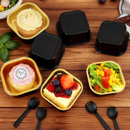 100 Pack 10oz Mini Cake Pans With Lids, Aluminum Foil Square Brownie Baking Cups,Disposable 4”x4” Large Cupcake Pan,Jumbo Muffin Tin Ramekins Holders-Black in Gold