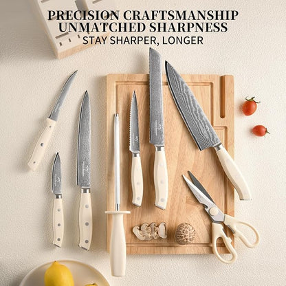 NANFANG BROTHERS Damascus Kitchen Knife Set 14 Pieces with Shears & Sharpener - VG10 Damascus Steel, ABS Ergonomic Handle, Wooden Block Storage White