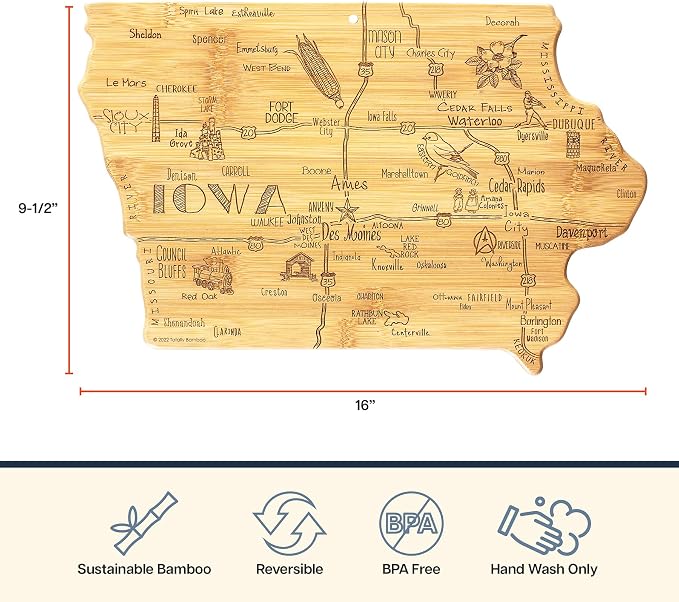 Totally Bamboo Destination Iowa Shaped Cutting Board – Bamboo Charcuterie and Serving Board with Hang Tie for Wall Display