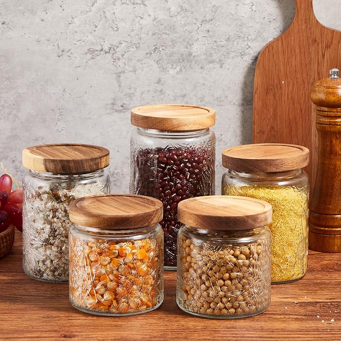 Gerrii Clear Sunflower Round 5 Pcs Vintage Glass Food Storage Containers 17/24/34 oz Glass Jar with Lid Airtight Candy Food Canisters for Kitchen Counter Pantry Coffee Beans