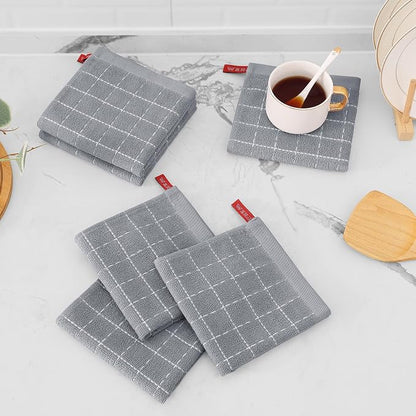 Mordimy 100% Cotton Terrycloth Kitchen Towels and Dishcloths Sets, Soft and Absorbent Checkered Dish Towels, Quick Drying Dish Rags for Washing Dishes, 4 Pack 12" x 12" & 4 Pack 12" x 12", Light Grey