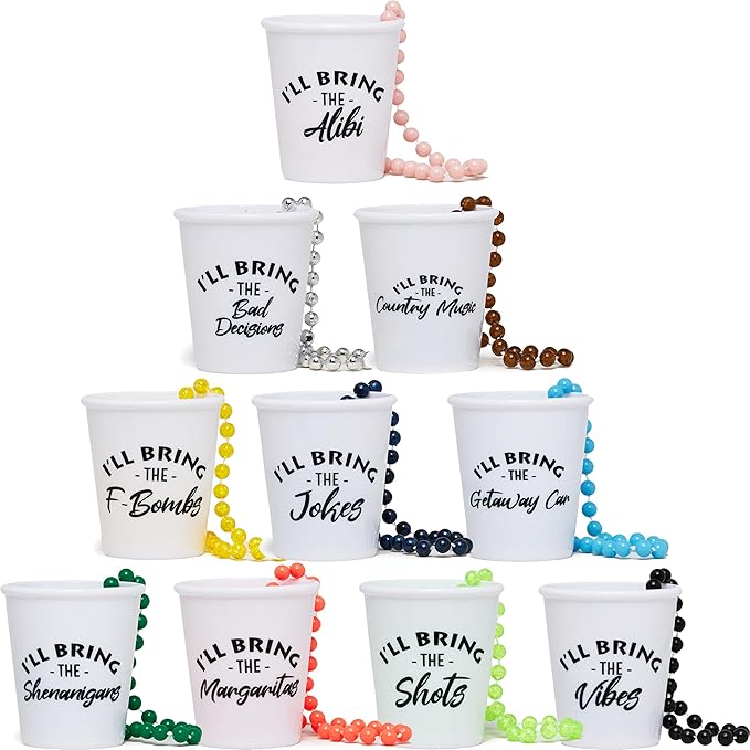 Funky Junque Bachelorette Shot Glass Necklace Set, 10 Pack Wearable Glasses with Fun Phrases for Bridal Shower Accessories - 10 Pack: Shenanigans Bundle