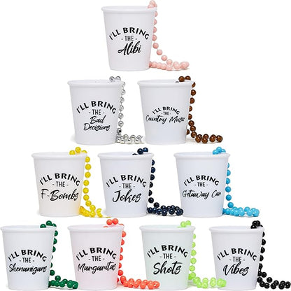 Funky Junque Bachelorette Shot Glass Necklace Set, 10 Pack Wearable Glasses with Fun Phrases for Bridal Shower Accessories - 10 Pack: Shenanigans Bundle