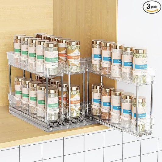 Mystozer Pull Out Spice Rack Organizer for Cabinet, Slide Out Spice Racks Organizer, Easy to Install Spice Cabinet Organizers, 2.3''Wx10.66''Dx8.11''H, 3 Packs - 2 Tiers (Clear)