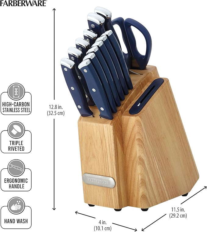 Farberware Edgekeeper Triple Riveted Slim Knife Block Set with Built in Sharpener, 14-Piece, Navy