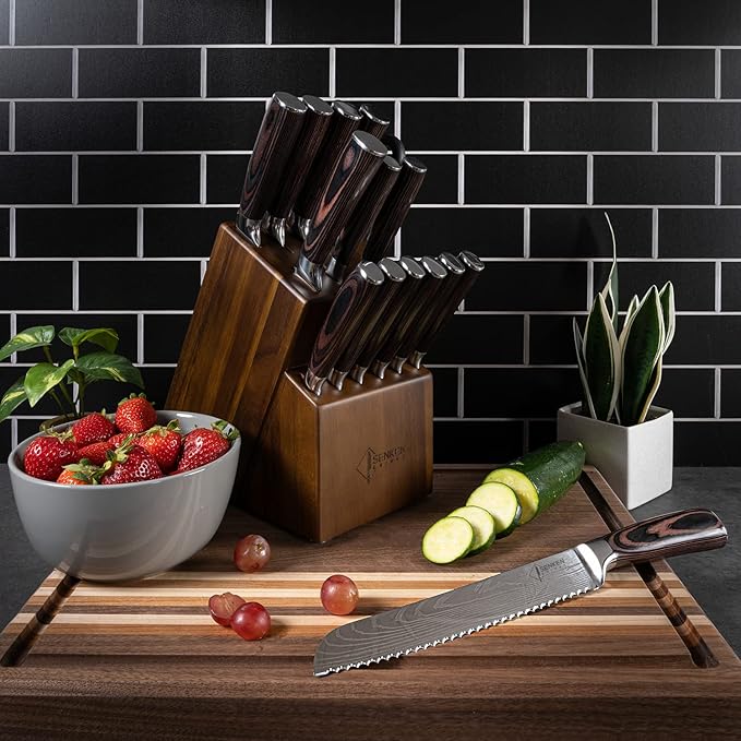 SENKEN 16-Piece Knife Block Set - Japanese High Carbon Stainless Steel with Damascus Pattern, Dark Wood Handles, 6 Steak Knives & Acacia Hardwood Block (Brown)