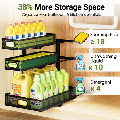 Under Sink Organizer 3 Tier, 2 Pack L-Shaped Pull-Out Cabinet Organizer with Sliding Metal Mesh Drawers, Height Adjustable Under Sink Storage Rack for Kitchen Bathroom Cabinet, Black