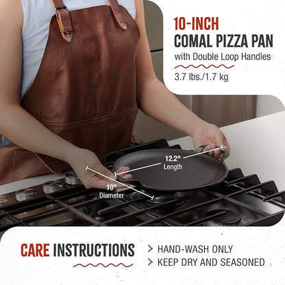 Victoria 10-Inch Cast Iron Comal Pizza Pan with 2 Side Handles, Preseasoned with Flaxseed Oil, Made in Colombia, Black