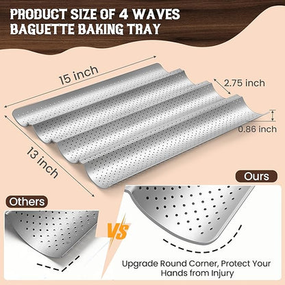 Pavsrmy Baguette Bread Pan, Premium Nonstick Perforated Baguette Pan for French Bread Baking, 4 Loaves Baguette Baking Tray for Sourdough, Italian Bread, Perfect for Creating Crisp Golden-Brown Crust