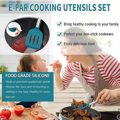 Silicone Cooking Utensils Set, E-far 14-Piece Blue Kitchen Utensils Set with Holder, Kitchen Tools Spatulas with Stainless Steel Handle for Non-stick Cookware, Heat Resistant & Dishwasher safe