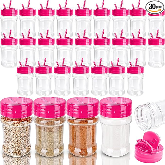 30 Pcs 2 oz Mini Plastic Spice Jars with Sifters Clear Empty Spice Bottles Round Seasoning Containers for Travel Kitchen (Pink Top with 2 Side Hole)
