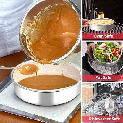 P&P CHEF 8 Inch Cake Pan Set of 4, Stainless Steel Baking Round Cake Pans Tins Bakeware for Birthday Wedding, Leak-proof & Easy Clean, Mirror Finish & Easy Releasing