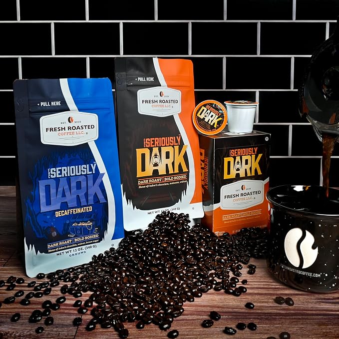 Fresh Roasted Coffee, Seriously Dark Artisan Blend Whole Bean Coffee, Dark Roast, Kosher, 12 oz
