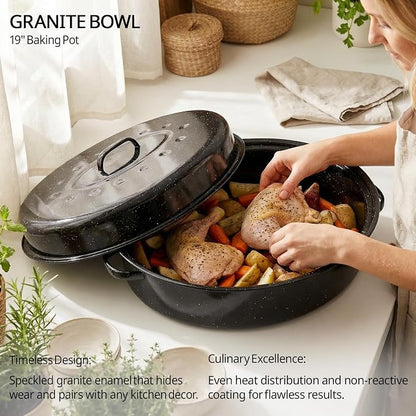 19” Turkey Roasting Pan Enamel Oval Granite Large Roaster Pan with Lid with 17in Inner Diameter Large Capacity Suitable for Thanksgiving Enamel Cook Ware Dishwasher Compatibility Oven Christmas Gift