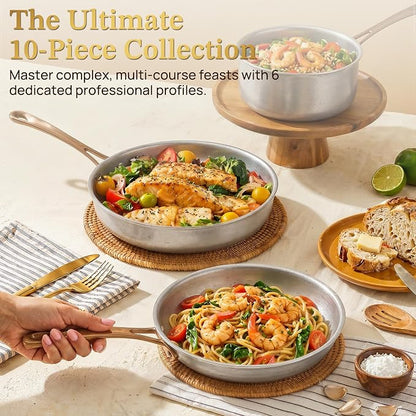 KOKHUB Vintage Stainless Steel Pots and Pans Set, 10 Pcs Tri-Ply Induction Cookware, Non Toxic Cooking Pan Set, PFAS/PTFE/PFOA/PFOS Free, Compatible with All Cooktops
