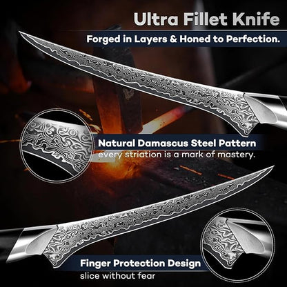 DRAGON RIOT Japanese Fillet Knife, 7 inch Meat Boning Knife with VG10 Steel Core, Damascus Pattern, Flexible Blade, Ergonomic Handle, Fishing Gift for Men
