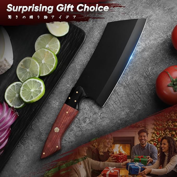 TIVOLI Meat Cleaver Knife 7inch - Black Butcher Knife for Meat Cutting - Japanese High Carbon Steel Cleaver for Vegetables Chopping - Kitchen Cooking Knives with Wooden Handle - Gift for Men and Women